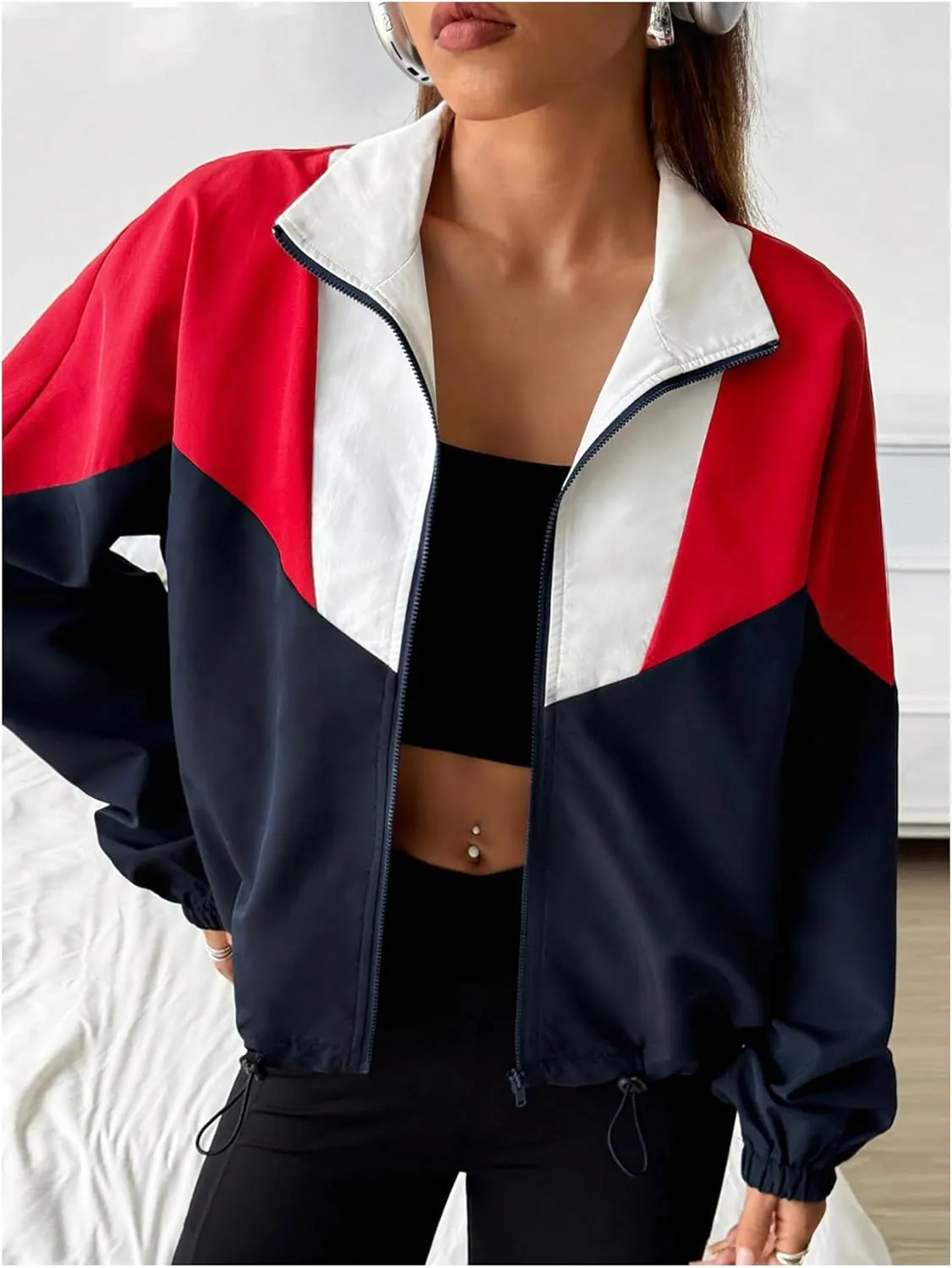 WDIRARA Women's Color Block Zip Up Lightweight Jacket Patchwork Sporty Windbreaker Jacket