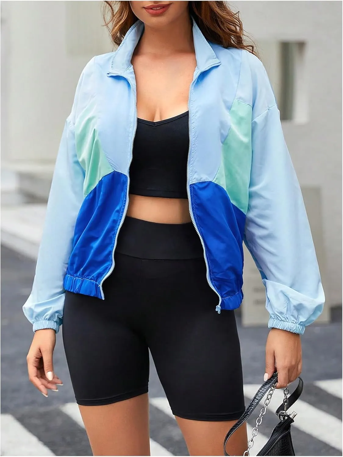 WDIRARA Women's Color Block Zip Up Lightweight Jacket Patchwork Sporty Windbreaker Jacket