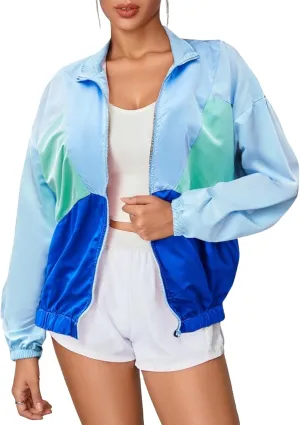 WDIRARA Women's Color Block Zip Up Lightweight Jacket Patchwork Sporty Windbreaker Jacket