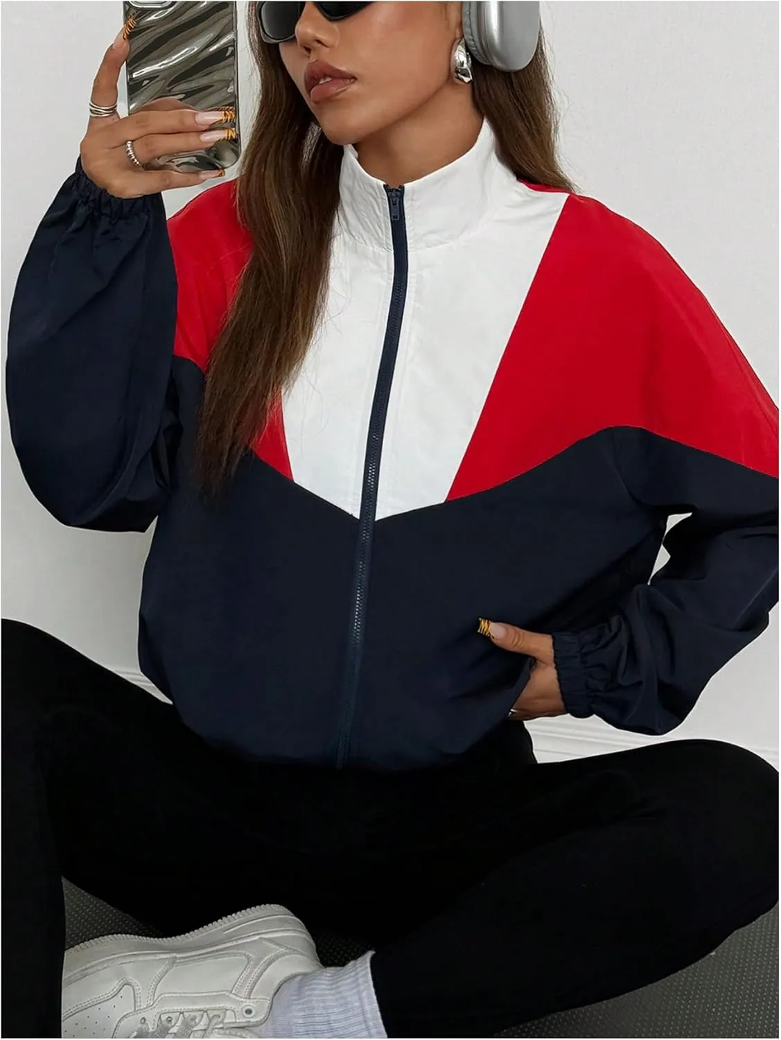 WDIRARA Women's Color Block Zip Up Lightweight Jacket Patchwork Sporty Windbreaker Jacket
