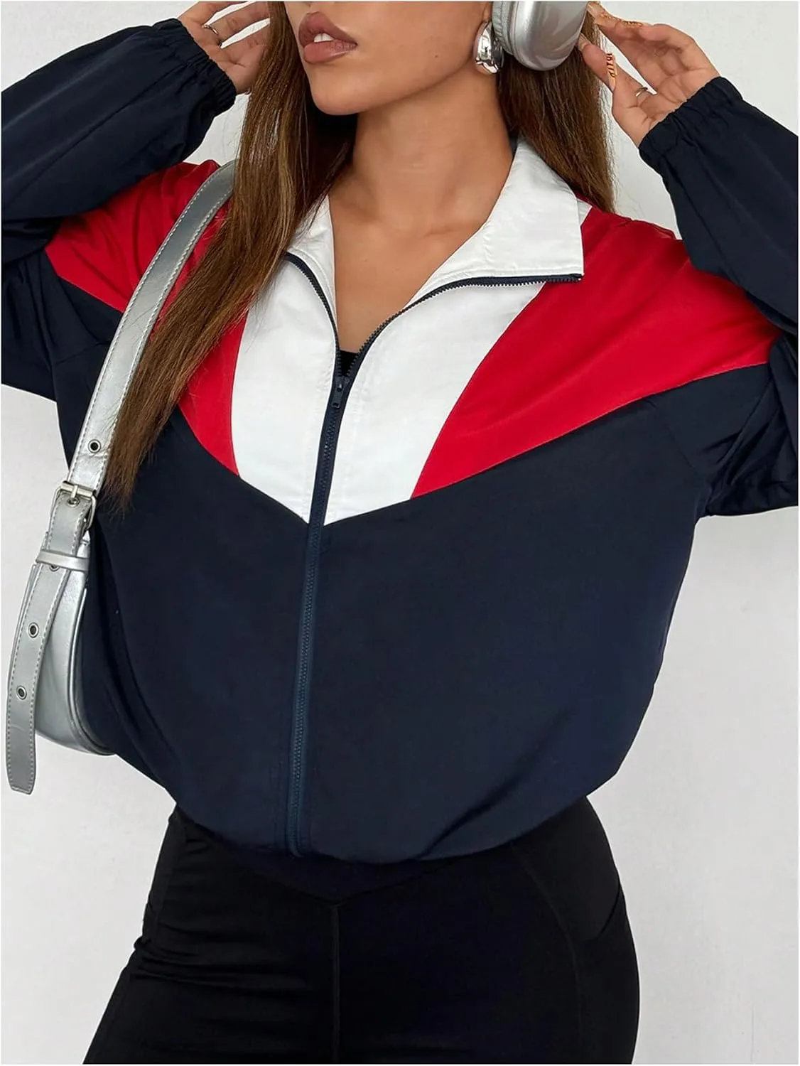 WDIRARA Women's Color Block Zip Up Lightweight Jacket Patchwork Sporty Windbreaker Jacket