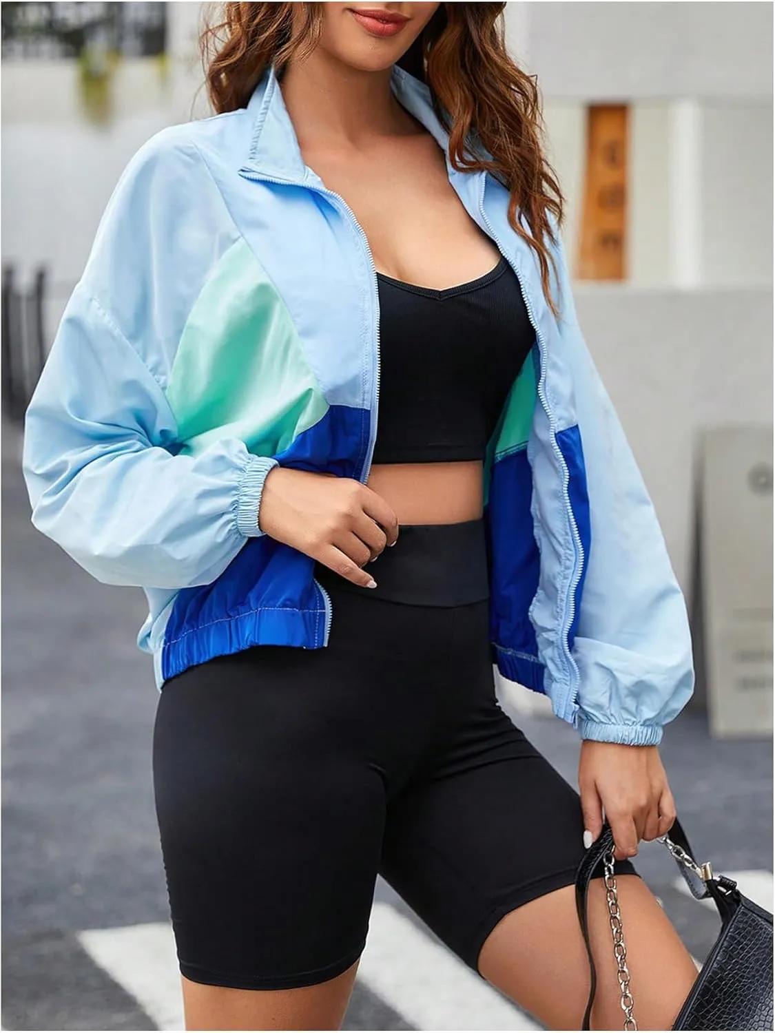WDIRARA Women's Color Block Zip Up Lightweight Jacket Patchwork Sporty Windbreaker Jacket