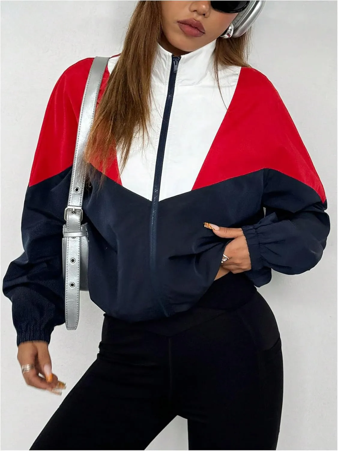 WDIRARA Women's Color Block Zip Up Lightweight Jacket Patchwork Sporty Windbreaker Jacket