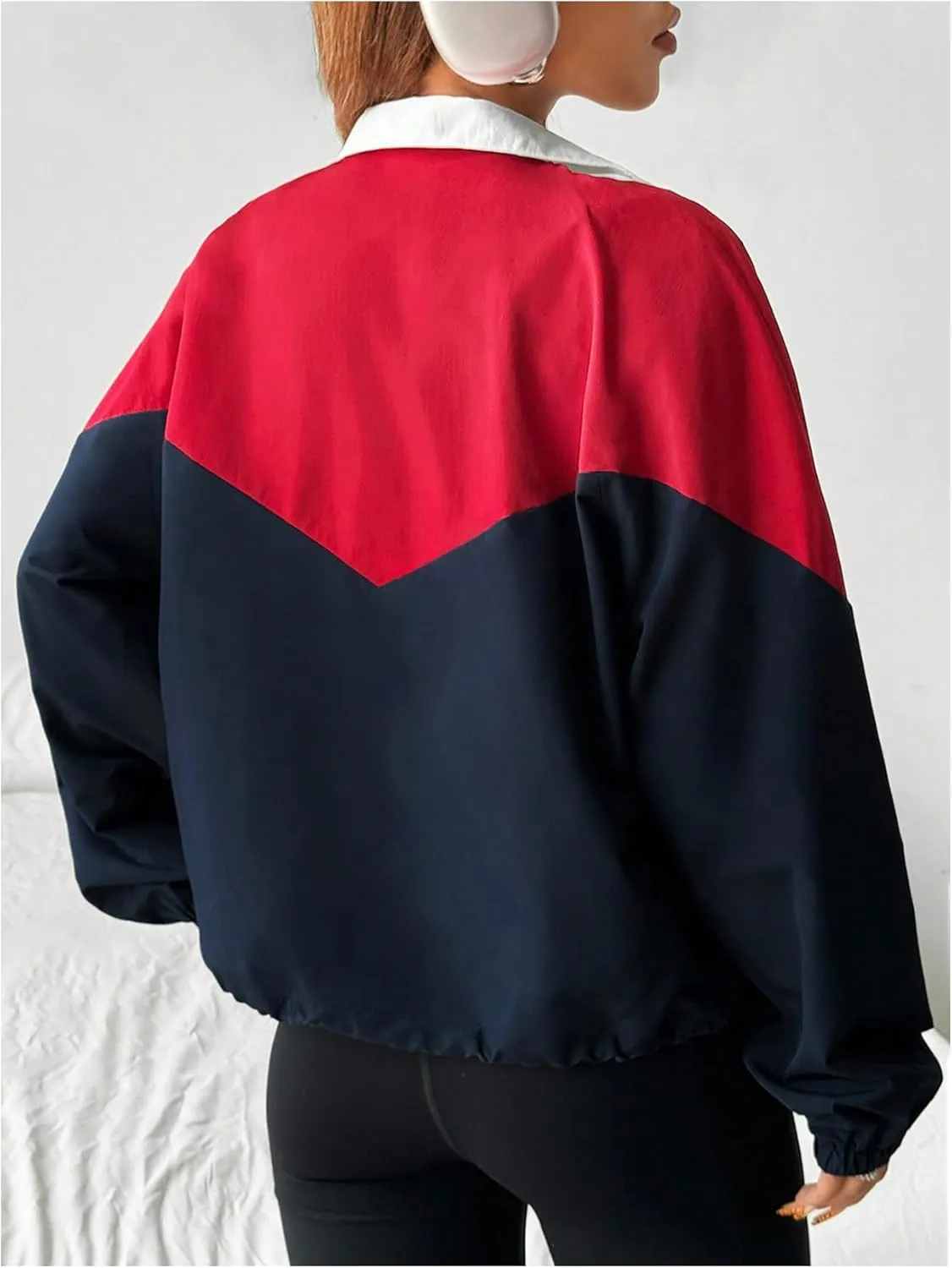 WDIRARA Women's Color Block Zip Up Lightweight Jacket Patchwork Sporty Windbreaker Jacket