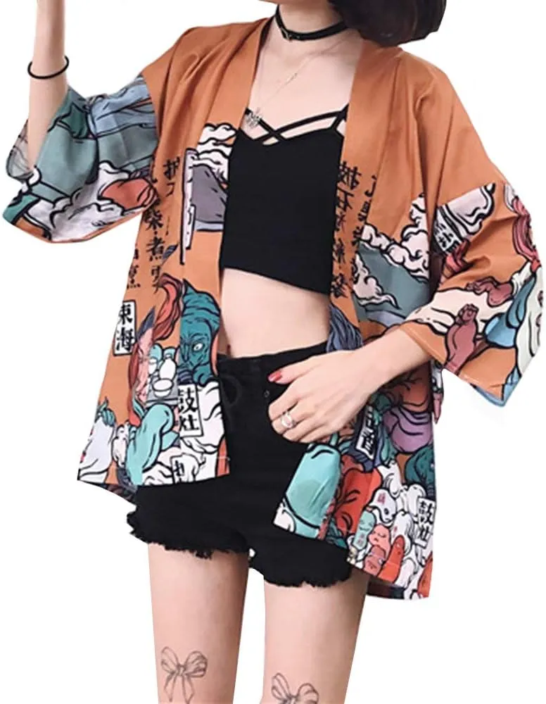 Women Japanese Kimono Cardigan Coat Yukata Outwear Tops Vintage Japanese Style