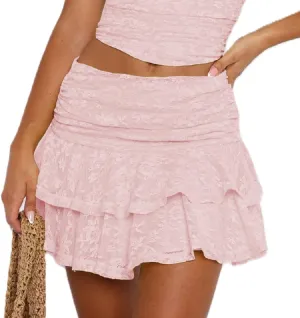 Women Lace Skater Skirts Low Rise Ruffle Frill Tiered Bloomer Mini Skort Cute Layered Flowy A Line Shorts Skirts