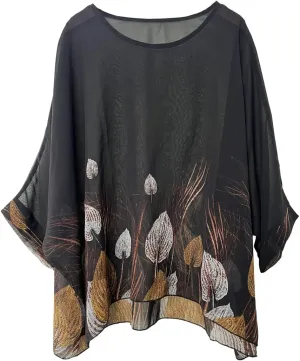 Women's Bohemian Style Batwing Sleeve Butterflies Printed Chiffon Caftan Poncho Tunic Top Beach Loose Shirt