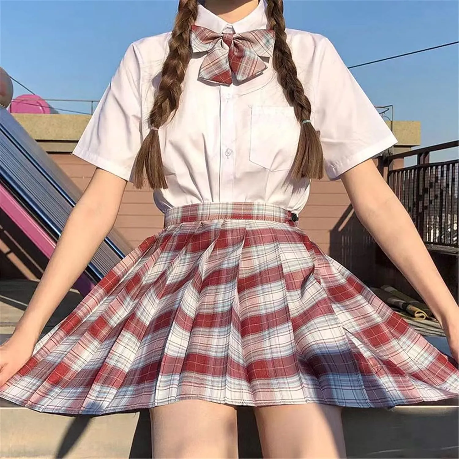Women's College Style JK Plaid Pleated Skirt School Cheerleading Mini Skirt Sports Tennis Skirt Send Bow Tie