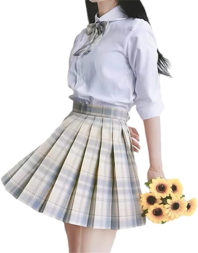 Women's College Style JK Plaid Pleated Skirt School Cheerleading Mini Skirt Sports Tennis Skirt Send Bow Tie