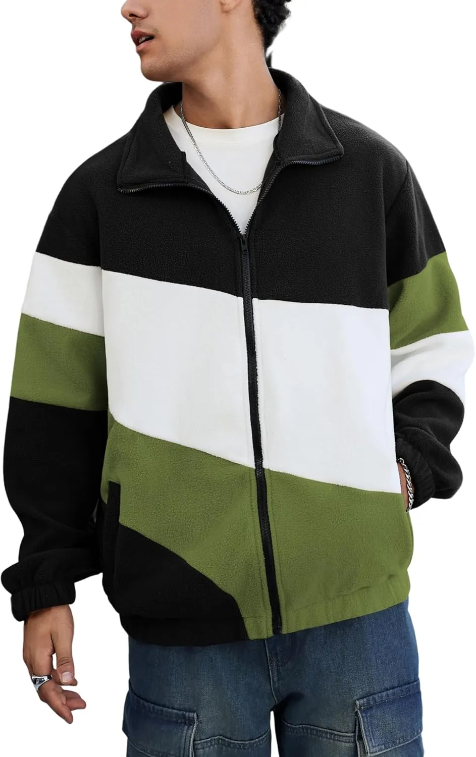 ZAFUL Men's Casual Colorblock Sherpa Jacket Long Sleeve Full-Zip Teddy Coat Retro Style Fleece Shacket with Pockets