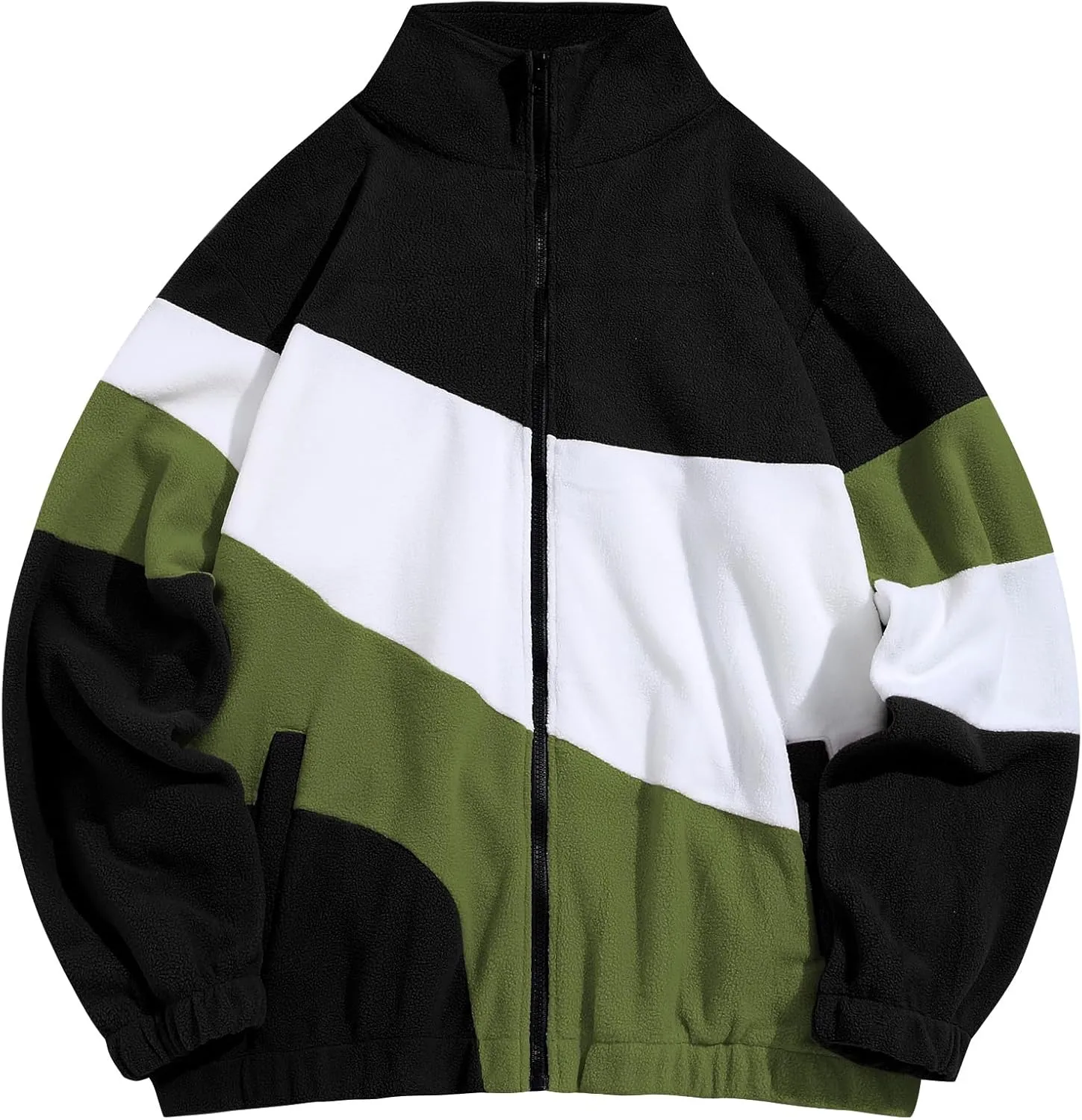 ZAFUL Men's Casual Colorblock Sherpa Jacket Long Sleeve Full-Zip Teddy Coat Retro Style Fleece Shacket with Pockets