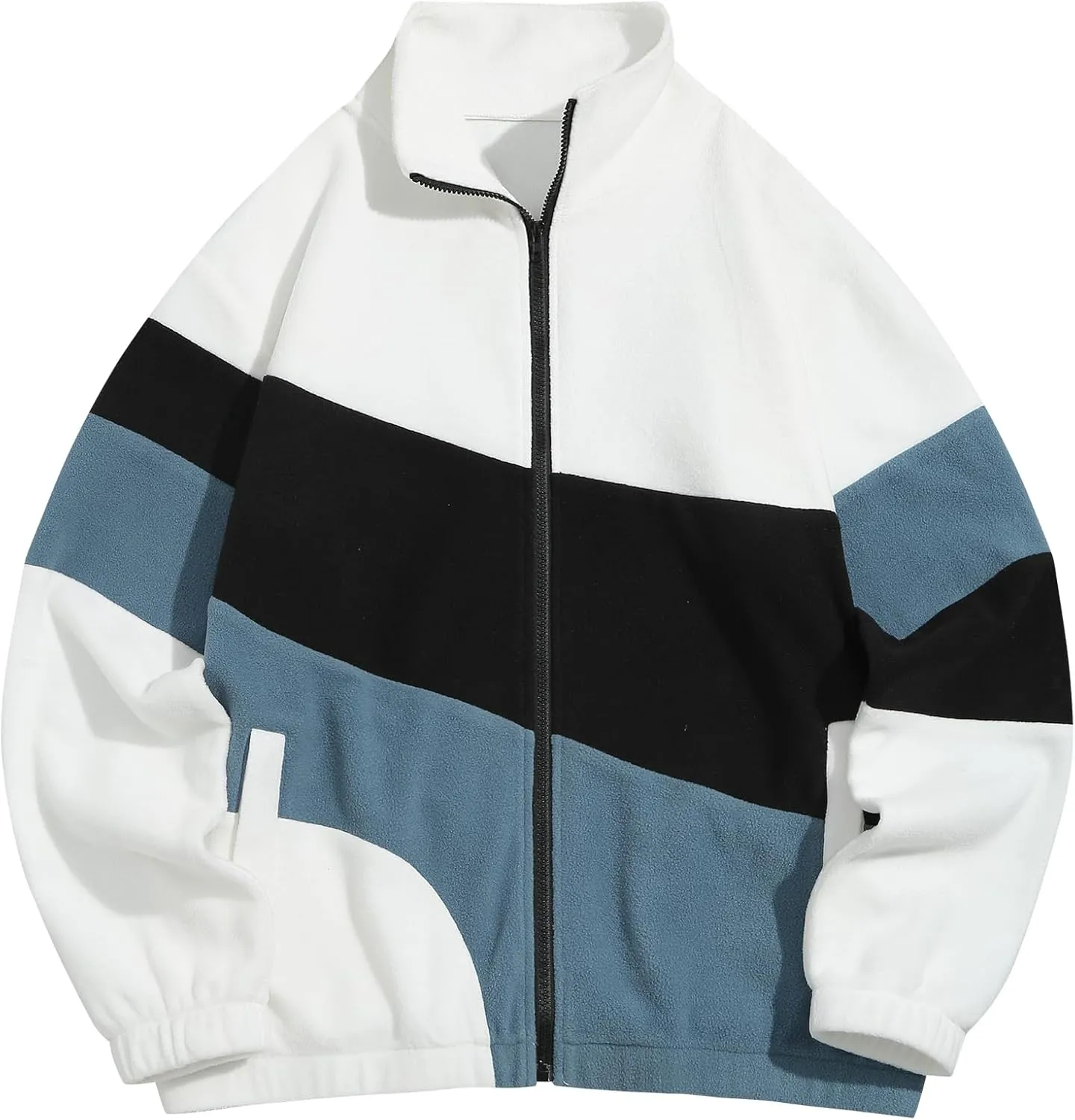 ZAFUL Men's Casual Colorblock Sherpa Jacket Long Sleeve Full-Zip Teddy Coat Retro Style Fleece Shacket with Pockets