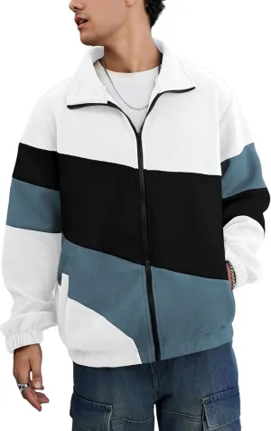 ZAFUL Men's Casual Colorblock Sherpa Jacket Long Sleeve Full-Zip Teddy Coat Retro Style Fleece Shacket with Pockets